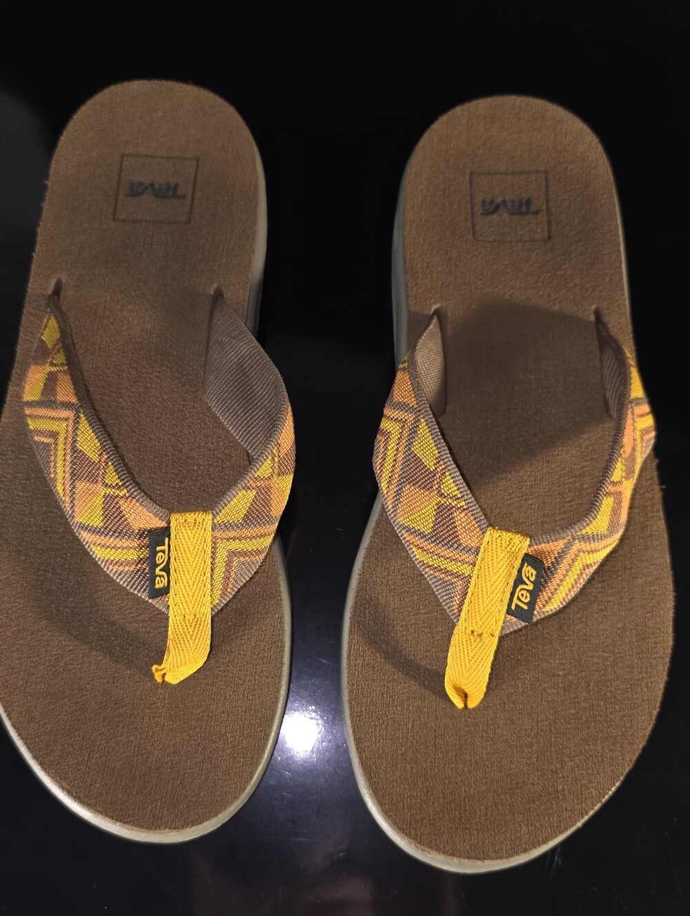 Teva Voya Brown Flip Flop Sandal with Yellow and Orange Woven Straps Size 7